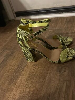 Rouge Helium Neon Green Snake-Print Block Heel Sandals